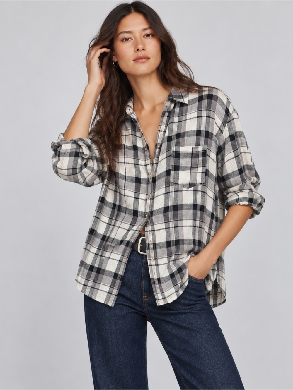 Pilcro Anthropologie Plaid Button Down Shirt Gray Black Ivory Relaxed Size S